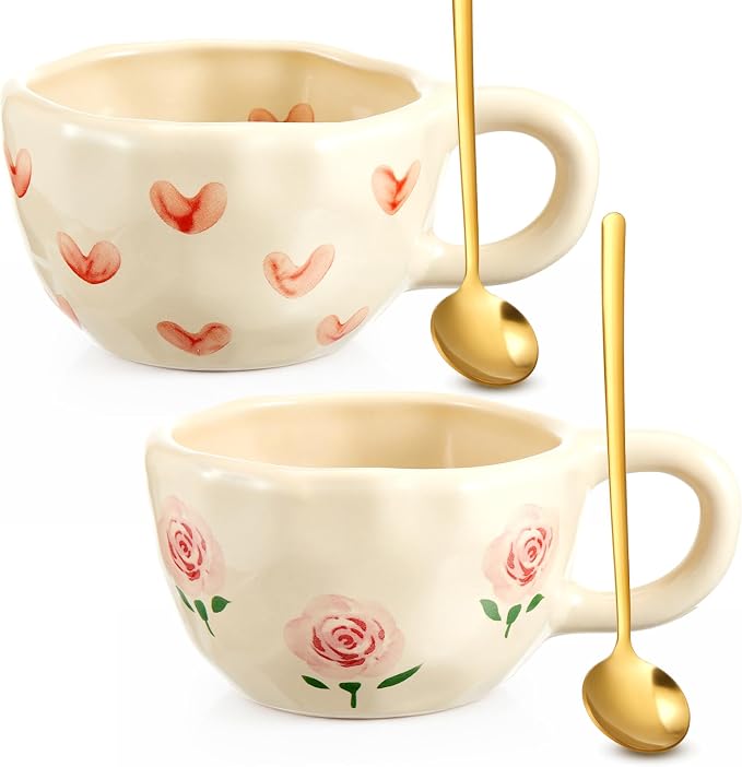 Vesici 2 Pcs Ceramic Coffee Mugs with Spoon, Vintage Floral Spring Mugs with Handle, 8.5 oz Aesthetic Flower Porcelain Tea Cup Set, Dishwasher & Microwave Safe Mothers Day Gifts for Mom(Heart,Rose) by Vesici
