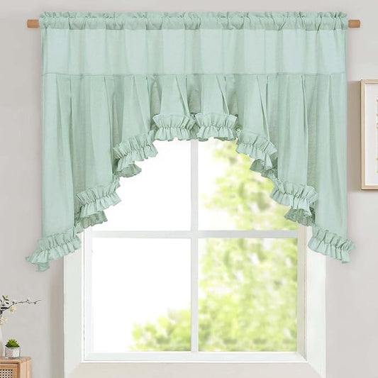 Likiyol Linen Valances for Windows Farmhouse Ruffle Swag Valance Rustic Country Window Valances Light Filtering Kitchen Curtains Rod Pocket Valance Curtains for Bathroom Cafe, Mint Green, 60"W x 36"L by Likiyol