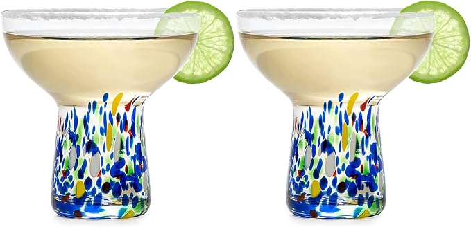 Large Stemless Hand Blown Confetti Margarita Glasses - 14 oz - Set of 2 | Colorful Artisan Glassware, Perfect for Margaritas, Martinis, Wine, Cocktails & Champagne, Great for Cinco de Mayo & Parties by TheWineSavant