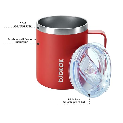 BJPKPK 2pcs Stainless Steel Insulated Coffee Mug, 14oz with Lid, Non Sweat Design-Red | Travel Coffee Mug with Handle, Vacuum Insulated Tumbler Cup for Camping, Office, Home, BPA Free Lid, Hot & Cold - Image 2