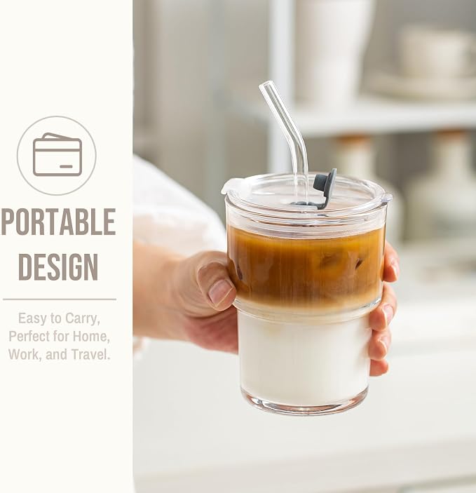 SoulTimes 13oz Clear Glass Tumbler with Lid and Straw – Iced Coffee Glasses Cups for Smoothie, Matcha, Juice, Water etc. Leakproof and Reusable Glassware Drinking for Travel To Go [4Pcs] - Image 6
