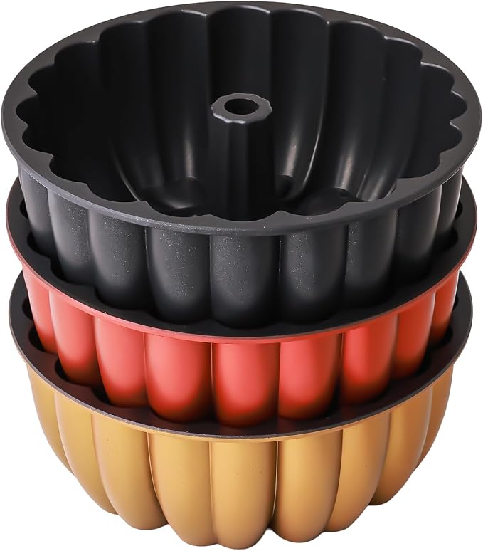 Heart Shape Cast Aluminum Molded Cake Pan, Titanium Coating, Non-Stick, 12 Cups, 10 Inch Pound Pan intended for Bundt Cakes, Gifts for Mom, Fluted Tube, Easy to Clean (3-Pack, Gold-Black-Red) - Image 7