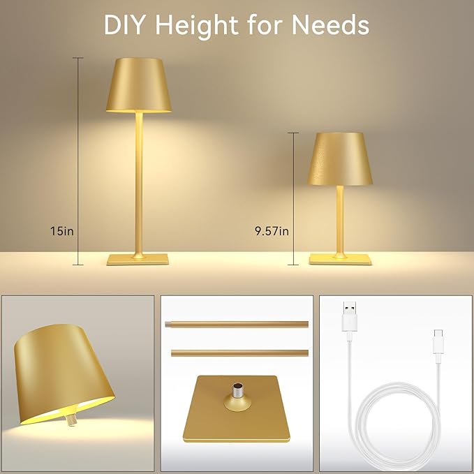 Yogaret 4 Pack Gold Rechargeable Led Cordless Table Lamps,Cordless Lamp with 6000mAh Battery Operated,Wireless Lamp for Restaurant Home Dinner Dining Kitchen Outdoor Patio,Waterproof & Portable - Image 2