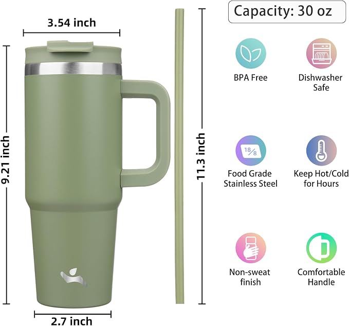 Konokyo 30 oz Insulated Tumbler Water Bottle with Handle, Straw Lid | BPA-free and dishwasher safe; made for gym, travel, coffee and gifting, 2 straws, cup holder friendly,Army Green - Image 4