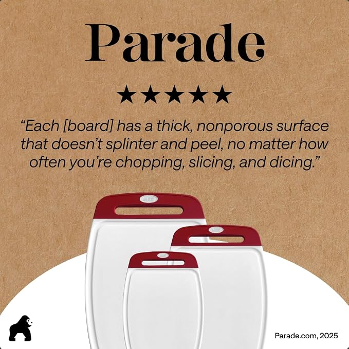GORILLA GRIP BPA-Free Reversible Kitchen Cutting Board Set of 3, US Designed, Nonporous, Juice Grooves Catch Liquid, Slip Resistant Border, Dishwasher Safe, Durable Large Food Chopping Boards, Red - Image 9