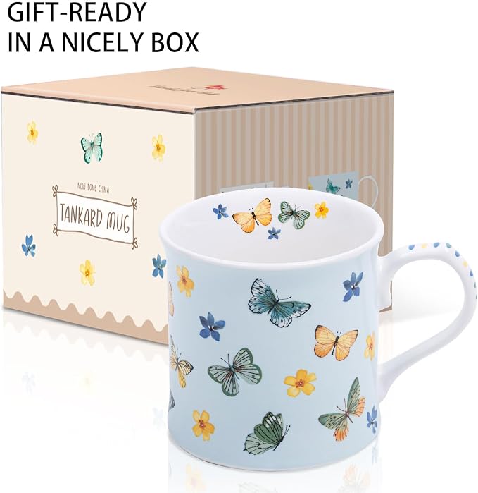 Colorful Butterfly & Floral Coffee Mug – 12 oz Premium New Bone China Blue Tea Cup, Elegant Ceramic Mug Gift for Women, Mom & Butterfly Lovers – Designed in England by Harvest Green Studio - Image 4