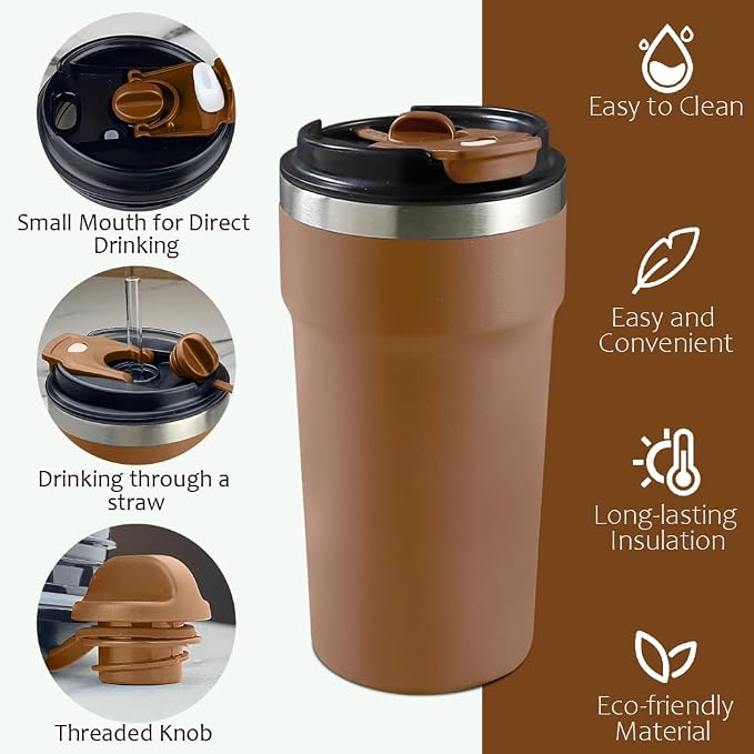SPLMIFA Travel Coffee Mugs Leak-Proof, Reusable Coffee Cups with Lids, Stainless Steel Vacuum Insulated Coffee Tumblers, Thermal Insulation Cups for Men and Women Hot & Cold Drinks(4th-Brown, 16OZ) - Image 2
