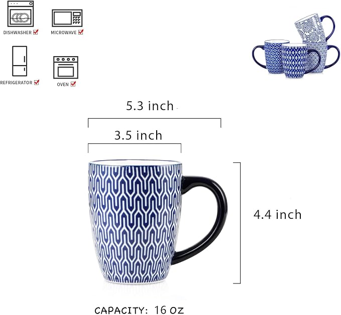 Selamica Ceramic Coffee Mugs Set of 4 with Handle, 16 OZ Large Coffee Cups for Cappuccino, Tea, Mocha, Cocoa, Dishwasher Microwave Safe, Vintage Blue - Image 3