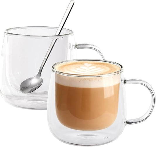 Double Wall Glass Coffee Mugs 10 Oz with Handle - Set of 2 | Insulated Clear Espresso Coffee Mug with Handle, Double Walled Coffee Cups for Cappuccino, Latte, Tea, Hot Drinks by Unknown