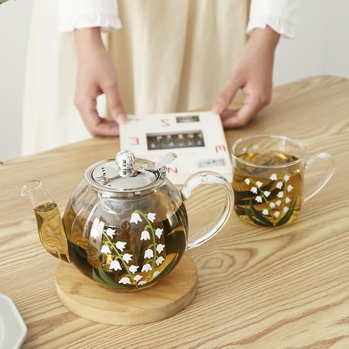 12oz/350ml Hand Painted Glass Cups With Handle,Clear Glass Coffee Cups,Coffee Glasses For Hot Beverages,Clear Mugs (Lily of the Valley)