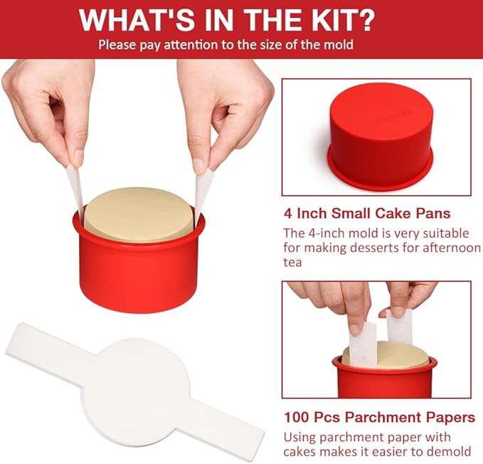 Alimat PluS 4 Inch Round Cake Pan Silicone, 5 Pack Mini Cake Pans with 100 Pieces Parchment Paper, Silicone Cake Molds for Multilayer Cakes, Puddings