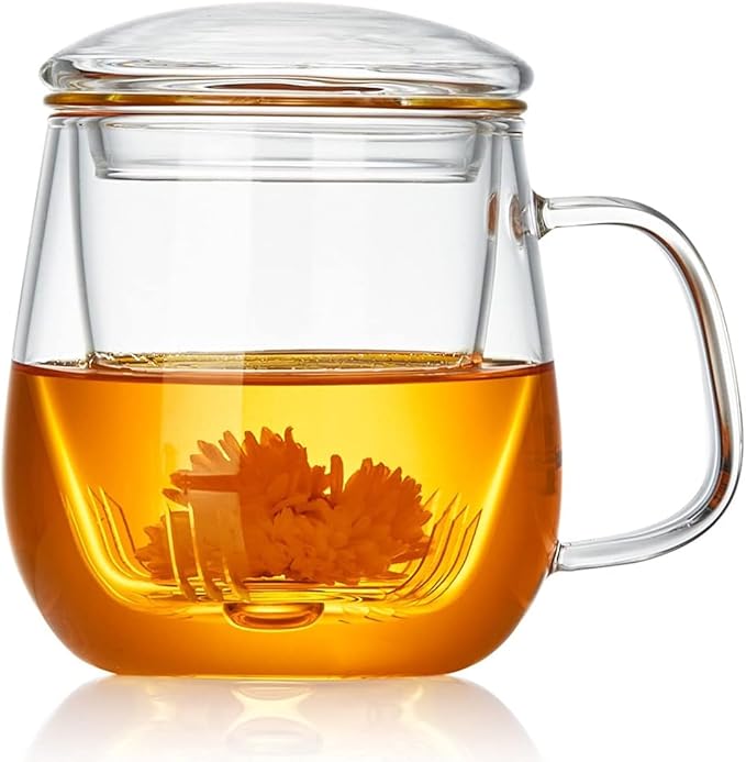 Glass Teacups 24 Pack Glass Tea Cup with Infuser and Lid, 17.6oz/520ml Large Borosilicate Teacup,Tea Clear Mug Cup for Loose Leaf Blooming Tea, Microwave & Dishwasher Safe