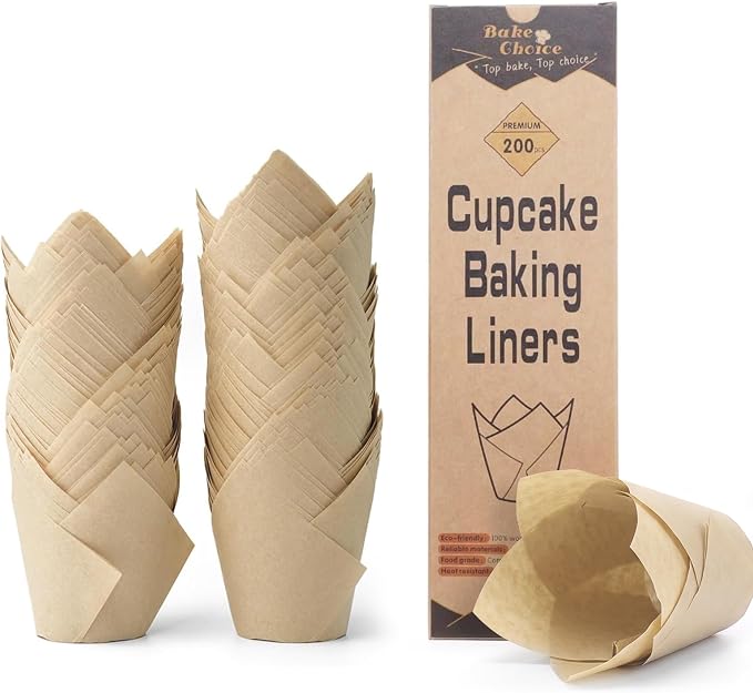 Bake Choice 200pcs Natural Tulip Cupcake Liners for Baking, EU 75GSM Paper | Standard, Unbleached European Parchment paper, Tulip Muffin Liners, Nordic 75GSM Paper, Cupcake Wrapper for Party by BakeChoice