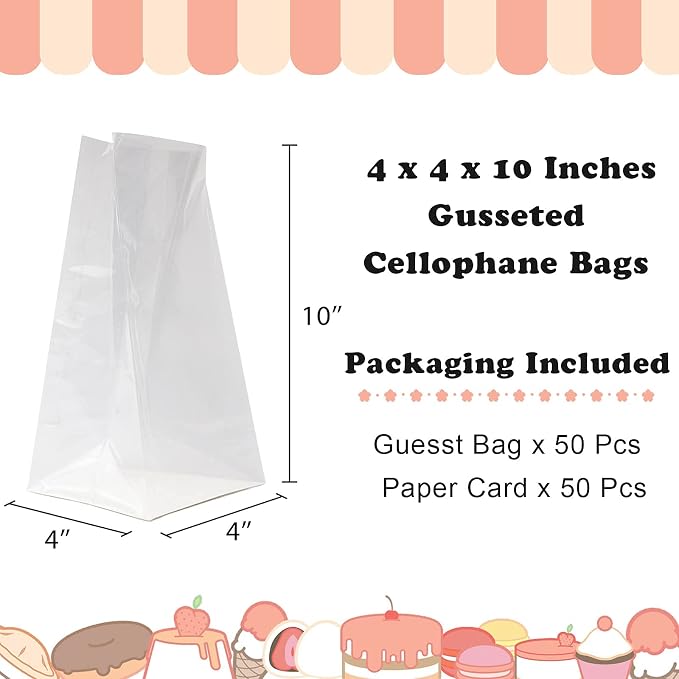 Morepack Gusseted Flat Bottom Cellophane Bags 4x4x10 In 50Pcs | with Paper Insert - Image 3