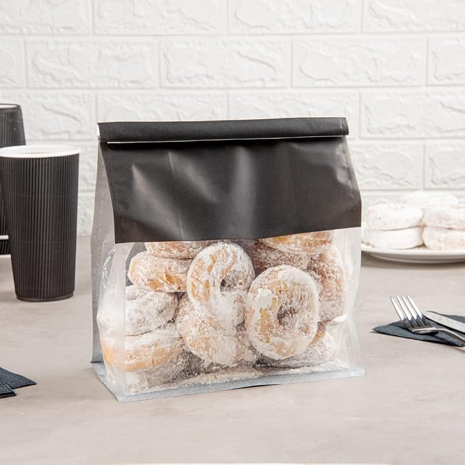 Restaurantware-Bag Tek 8.6 x 4.5 x 10.6 Inch Tin Tie Bags With Windows, 100 Resealable Bakery Bags With Windows - Flat Bottom, For Cookies or Coffee Beans, Black Cotton Paper Tin Tie Bags - Image 4
