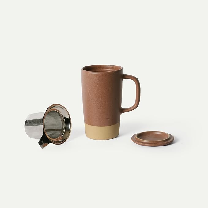 MORA Ceramics Large Tea Mug with Loose Leaf Infuser and Ceramic Lid, 18 oz, Portable, Microwave, Dishwasher Safe, Tall Coffee Cup - Rustic Matte Ceramic Glaze, Modern Herbal Tea Strainer, Terracotta by MORA