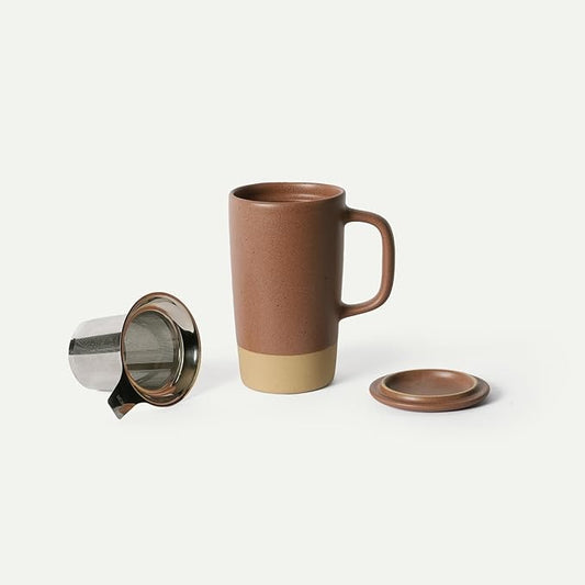 MORA Ceramics Large Tea Mug with Loose Leaf Infuser and Ceramic Lid, 18 oz, Portable, Microwave, Dishwasher Safe, Tall Coffee Cup - Rustic Matte Ceramic Glaze, Modern Herbal Tea Strainer, Terracotta by MORA