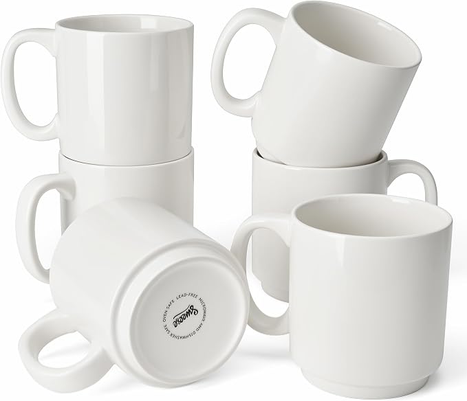 Sweese 10 Oz Stackable White Coffee Mug, Porcelain Coffee Mugs Sets of 6, Coffee Cups with Handle for Specialty Coffee Drinks, Cappuccino, Cafe Mocha, Latte and Tea, White by Sweese