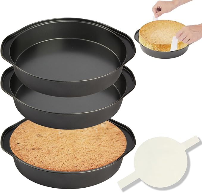 8" Round Cake Pan, 3PCS Nonstick Cake Pans with 100 PCS Parchment Paper, Carbon Steel Cake Baking Pans with Handle, Dishwasher Safe by Unknown