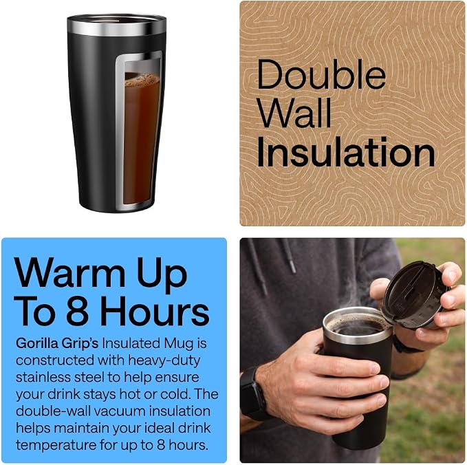 GORILLA GRIP 304 Stainless Steel Double Insulated Travel Coffee Mug, Leakproof Lid with Smooth Sip Top, Prevent Spills, Dent & Rust Resistant Reusable Tumbler Cup, Thermal Mugs for Drinks, 20oz, Black - Image 3
