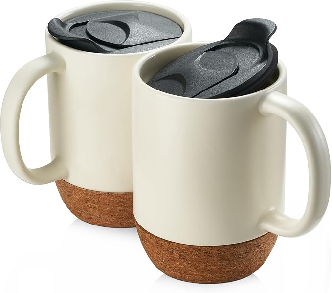 DOWAN Coffee Mugs Set of 2, 15 OZ Ceramic Mug with Cork Bottom and Splash Proof Lid, Large Coffee Cup with Handle for Tea Latte, Beige by DOWAN