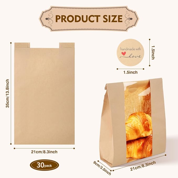 30 Pieces Paper Bread Loaf Bag Toast Paper Bag Brown Bakery Bag with Window for Food Storage(13.8" x 8.3" x 3.5") - Image 2