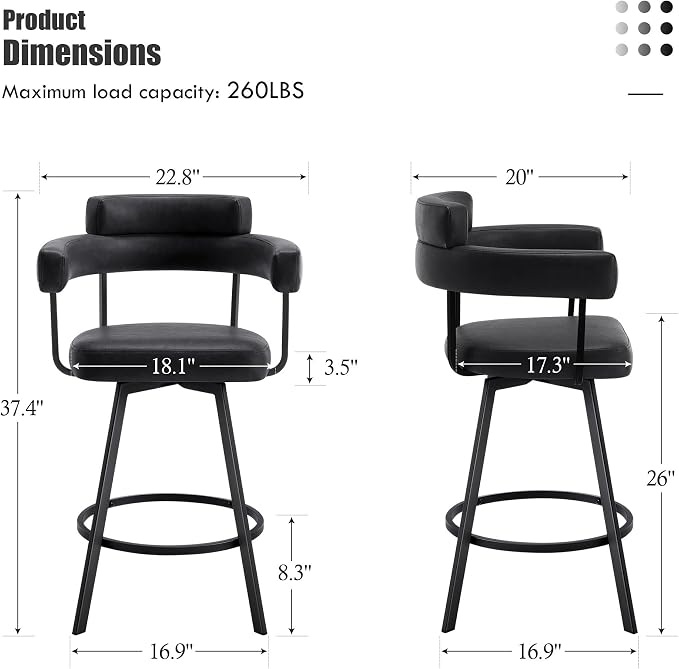 Flouki Swivel Bar Stools with Backs and Arms, Modern Faux Leather Counter Stools Set of 4 for Kitchen Island, 26" Upholstered Counter Height Bar Stools for Kitchen Counter, Dining Room, Black - Image 2