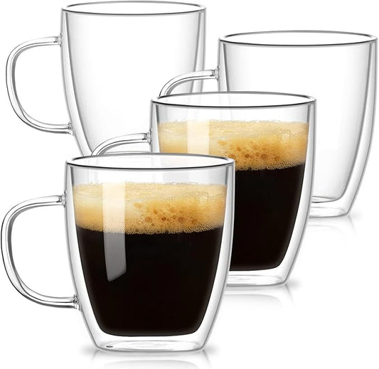 OJA Double Walled Glass Coffee Mugs Set of 4 Hand Blown 14OZ Clear Coffee Cups, Heat Resistant for Cappuccino, Tea, Latte, Espresso, Americano Insulated Borosilicate Glass with Handle