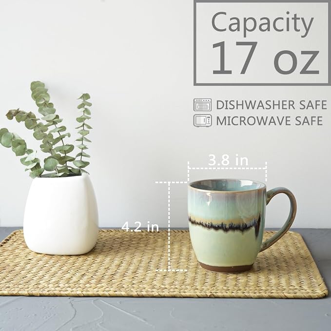 Bosmarlin Ceramic Coffee Mug Set of 4, 17 Oz, Coffee Cups with Big Handle, Microwave Safe, Unique Reactive Glaze (17 Oz, Turquoise Green Light) - Image 2