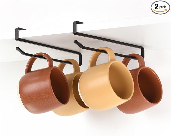 xympo Coffee Mug Hanger for Cabinet, Clip-On Shelf, for Cups, Utensil, Tumbler Lid, Screwless Install (Pack of 2), Fits Shelves up to 3/4" by xympo