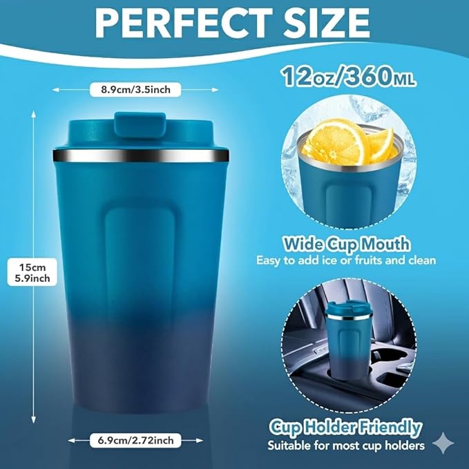Volhoply 12 oz Double Wall Insulated Vacuum Travel Coffee Mug with Flip Lid,Reusable Stainless Steel Leak Proof Coffee Cup,Portable Cafe Thermal Tumbler Suitable for Hot&Cold Drinks(Dark Night,1 Set) - Image 2