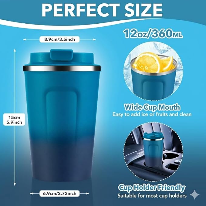 Volhoply 12 oz Double Wall Insulated Vacuum Travel Coffee Mugs with Flip Lid Bulk 2 Pack,Reusable Stainless Steel Leak Proof Coffee Cup,Portable Thermal Tumbler for Cold & Hot Drinks(Dark Night,2 Set) - Image 2
