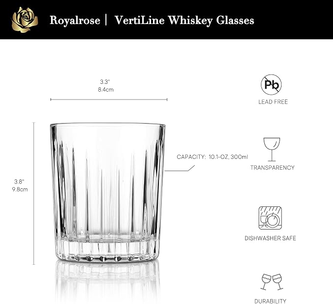 Royalrose Premium VertiLine 10 oz Whiskey Glasses Set of 6 (Short glasses) | Lowball Glasses Set. Lead-Free Crystal Drinking Glasses. Water Glasses, Mojito Glass Cups, and Mixed Drink Cocktail Glass Set - Image 4
