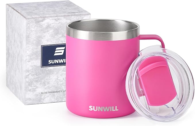 SUNWILL Insulated Coffee Mug with Lid, Travel Tumbler with Handle, 14 oz Stainless Steel Cup for Home, Office, Camping, Powder Coated Magenta - Image 5