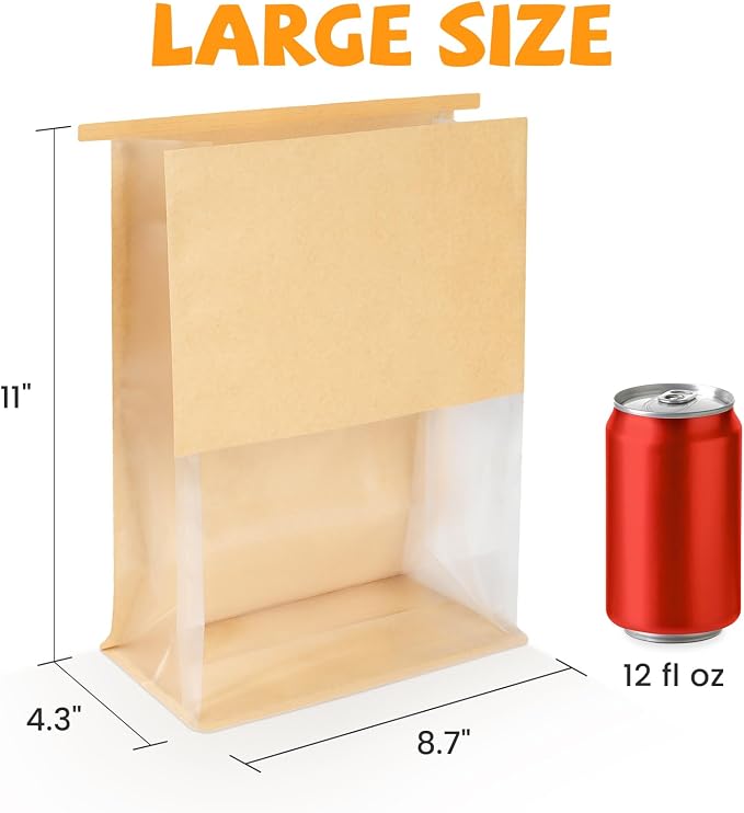 50 Pack Bread Bags with Tabs for Homemade Sourdough Bread, 8.7x4.3x11 Inches Tin Tie Tab Lock Large Paper Bakery Packaging Bags with Window for Gifting & Bake Sale | Thick Material - Image 2