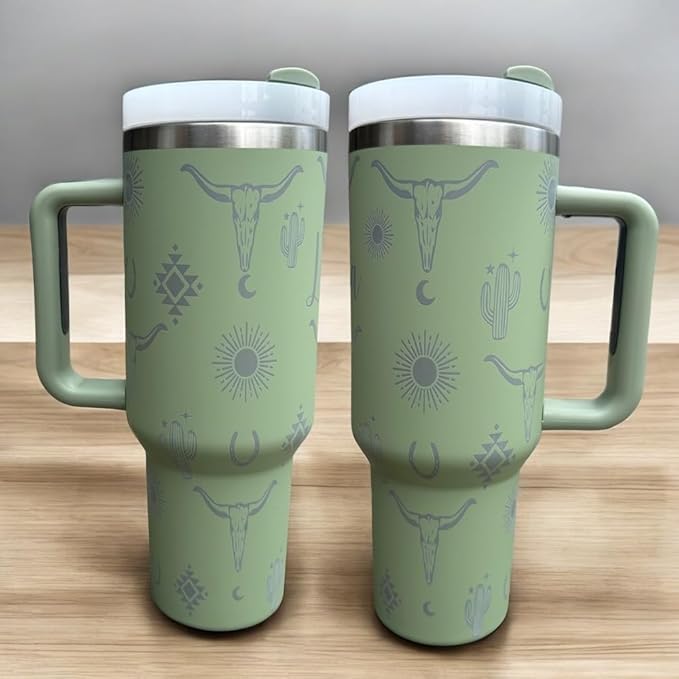 Western Engraved 40oz Tumbler, Tumbler with handle, Cowgirl Tumbler, Country Mug with Handle (Sage-Longhorn)