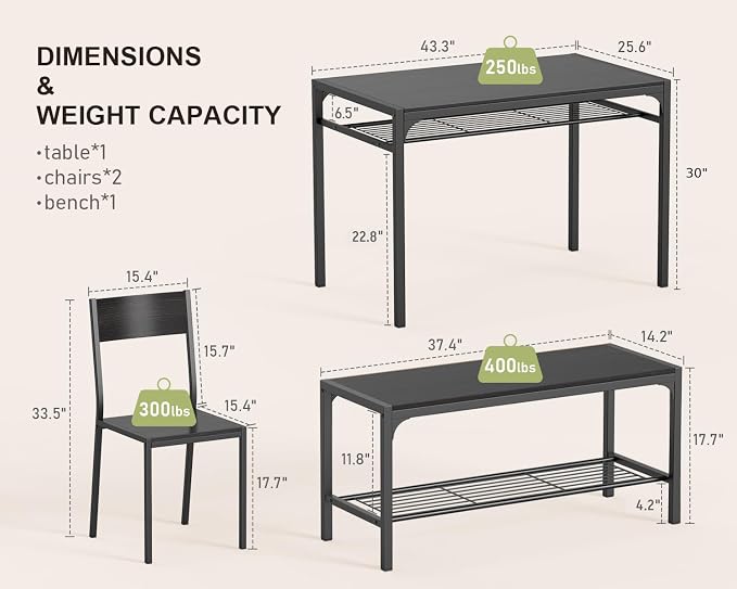 Gizoon 4-Piece Dining Table Set for 4, Kitchen Table with Bench Black | Space-saving black 4-piece dinette set with metal storage rack. Includes 2 ergonomic chairs and 1 bench. Easy to clean. - Image 2