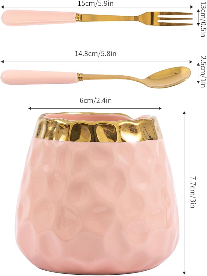 Dessert Fork Set,Ceramic Jar with 8 Small Forks for Fruit,Salad,Appetizer,Cake,Flatware Set (Pink jar+8 forks)