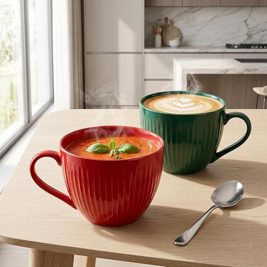 24 oz Large Ceramic Coffee Mug Set of 2, Red & Green Ribbed | Jumbo Mugs with Handle, Giant Soup Cups for Hot Chocolate, Latte, Oatmeal - Ideal Gift for Dad & Grandpa, Large Soup Bowl by Seworlan