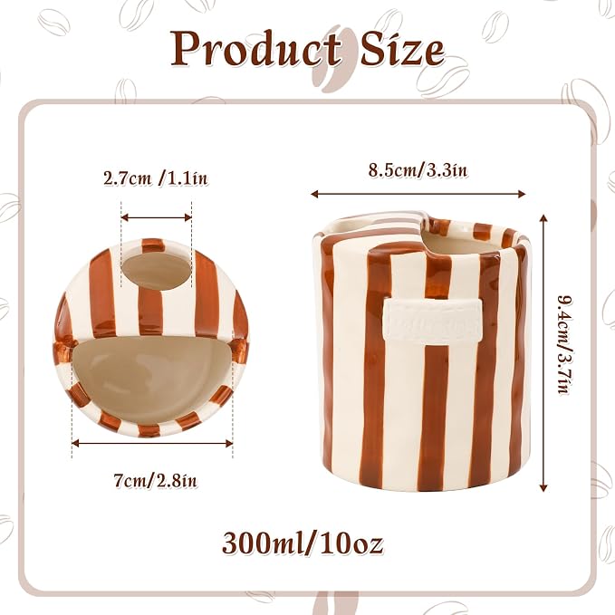 Ceramic Coffee Mug with Sip Hole 10oz Cute Espresso Cup | Unique Hand-Drawn Brown and White Striped Design, Microwave and Dishwasher Safe, for Kitchen Dining, Office, Holiday Gift - Image 3