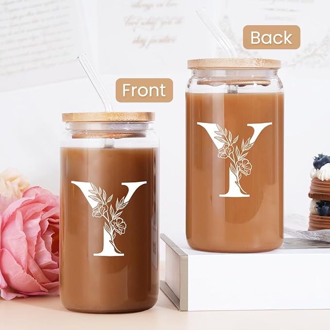 SANDJEST Monogrammed Gifts for Women - Monogram Y Initial Glass Cup 16 Oz Can Coffee Cups with Lid and Straw - Monogram Initials Gifts for Womens on Birthday