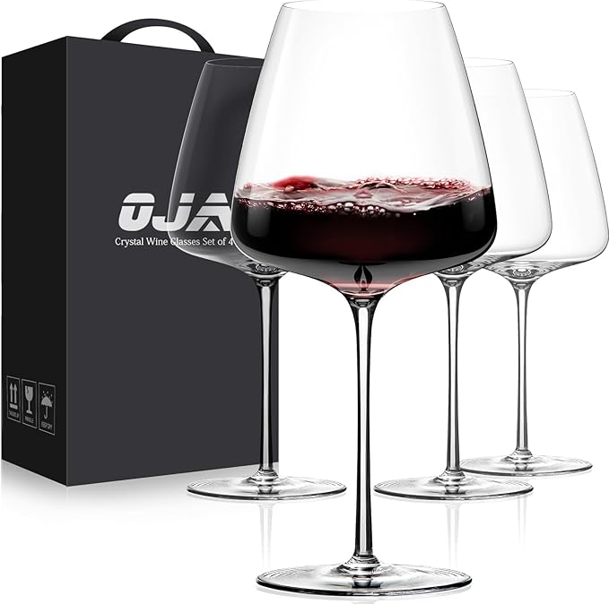 OJA Wine Glasses Set, Crystal Hand Blown Red Wine Glass Set of 4, 23 oz | Long Stem, Unique Large Design, Best for Wine tasting, Birthday, Christmas, Anniversary by oja