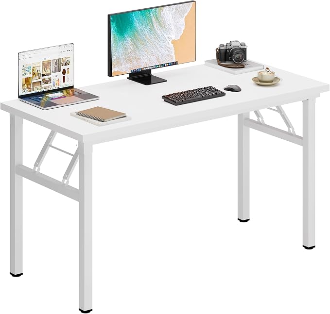 DlandHome 47 Inch Folding Computer Desk, Fully Assembled, White | Foldable Writing Table, Portable Activity Conference Table for Home Office, Wood Top Metal Frame, Collapsible Easy Storage by DlandHome