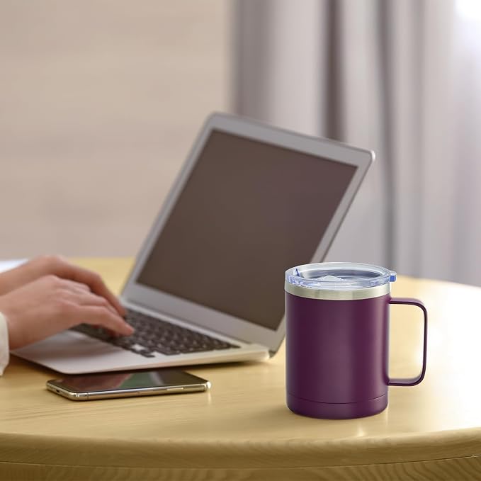 MEWAY 12oz Coffee Mug With Handle 2 Pack Bulk,Stainless Steel Insulated Travel Tumblers With Sliding Lid,Double Wall Vacuum Camping Cup for Hot & Cold Drinks Tea (Forest Green&Plum,Set of 2) - Image 6