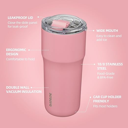 BJPKPK 24 oz Coffee Tumbler, Insulated Stainless Steel Travel Cup | Double Wall Vacuum, Leak Proof Lid, Keeps Hot/Cold/Iced, BPA Free, Dishwasher Safe, Cupholder, Pink - Image 2