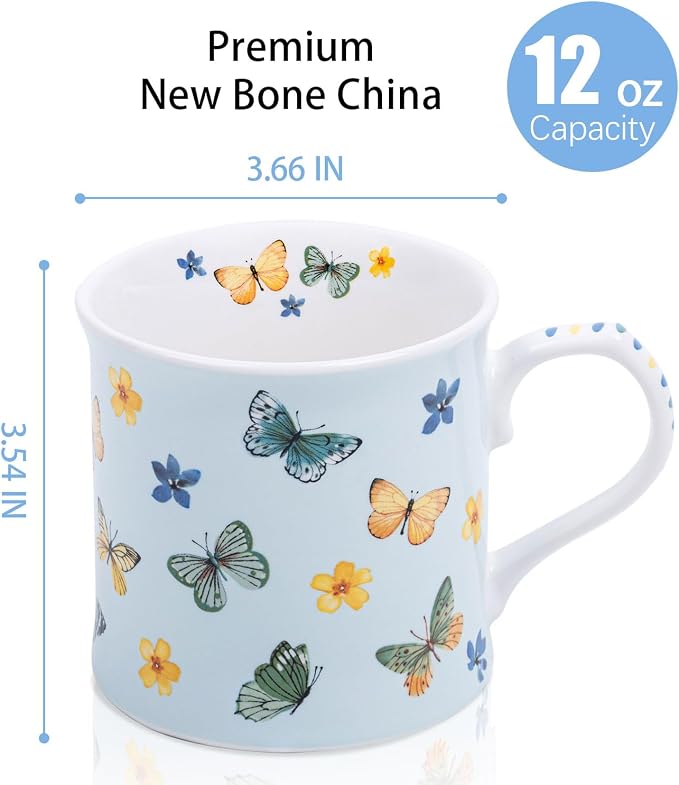 Colorful Butterfly & Floral Coffee Mug – 12 oz Premium New Bone China Blue Tea Cup, Elegant Ceramic Mug Gift for Women, Mom & Butterfly Lovers – Designed in England by Harvest Green Studio - Image 3