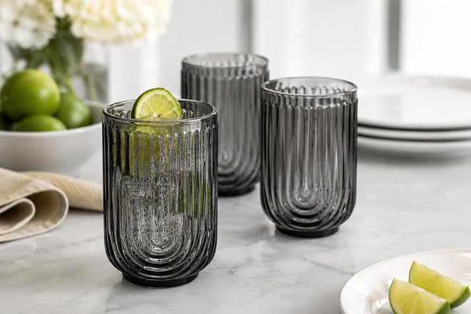 Glaver's Vintage Glassware - Art Deco Ribbed Drinking Glasses, U-Shape Arch Design Colored Cocktail Decorative Party Everyday Kitchen Tumblers, Hand Wash Only (Smoke S/4 17oz) - Image 8