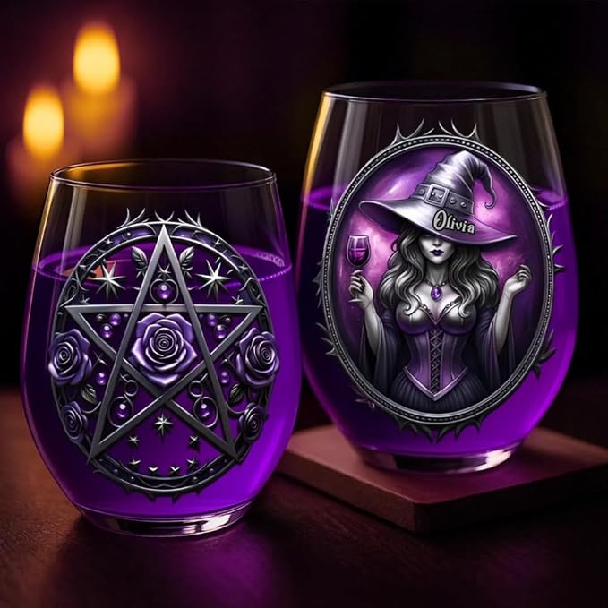 Customized Women Witch Spooky Stemless Wine Glass, Personalized Fantasy Magic Bar Glassware, Women Witch Lovers Wine Glass, Gothic Wiccan Pentagram Rose Drinking Glass, Witchy Lover Gift for Halloween - Image 5