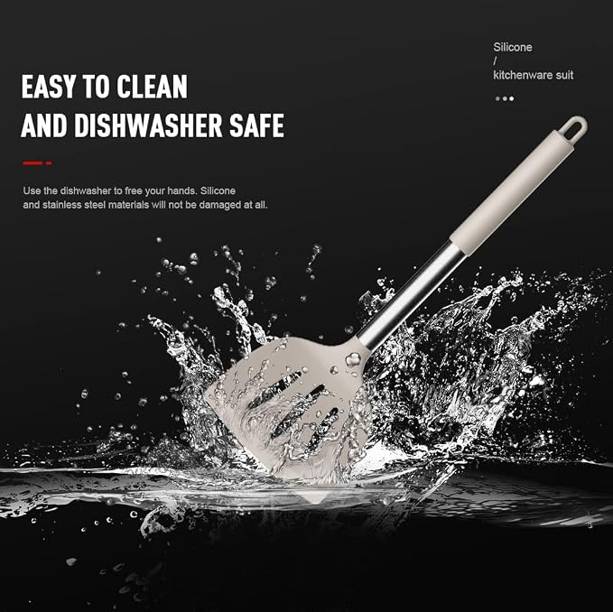 oannao Large Silicone Cooking Utensils Set - Heat Resistant Kitchen Utensils,Turner Tongs,Spatula,Spoon,Brush,Whisk,Stainless Steel Cooking Tool for Nonstick Cookware,Dishwasher Safe (Khaki) - Image 8