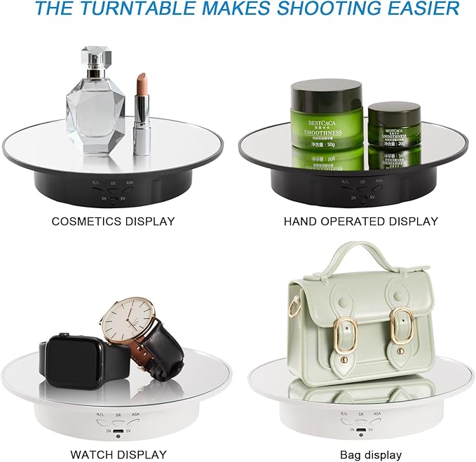 7.87'' Rotating Display Stand Motorized Rotating Display Stand, 22 lbs Load Rotating Platform with Mirror Cover, Rotating Stand with USB Charging Port, for Jewelry Photography Products 3D Model Cake